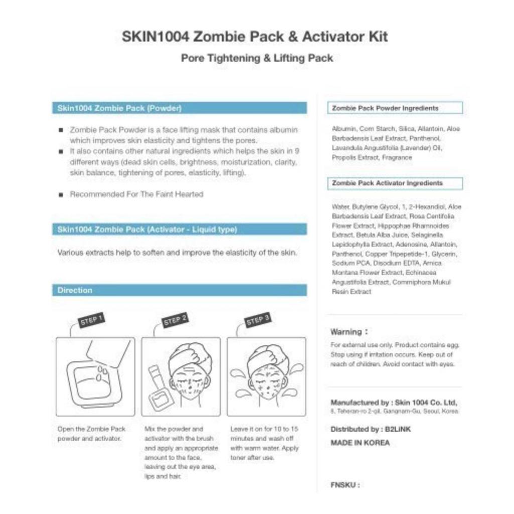 Skin1004 Zombie Pack 8PCS SET ( Special Facial Mask- Pore Tightening & Elasticity & Power Lifting )