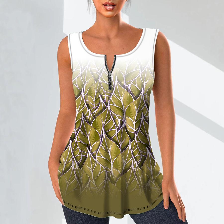 Women's Fashion V Neck Shirts Casual Tops T-shirt Ladies 3D Stacked Leaves Print Vest Plus Size Sleeveless Blouse Tank Tops