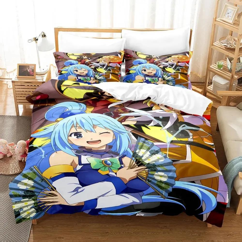KonoSuba 3D Кавай Картонный Аниме Мягкий Комплект Пододеяльников для Взрослых Молодых Парней Спальни 2-местный 3-предметный Комплект Постельного Белья Мягкий Пододеяльник Комплект Постельного Белья