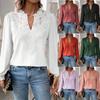 Summer New Style Ladies V-neck Lace Solid Color Long-sleeved Casual Blouse Loose Simple Design Comfortable All-match Shirt