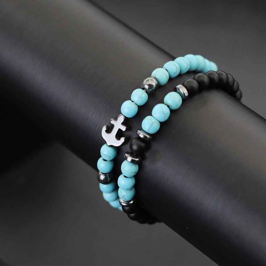 Unique 2Pcs/Set Anchor Bracelet For Men 6mm Natural Howlite Tiger Eyes Stone Braclet Homme Healing Jewelry Set Gift For Him