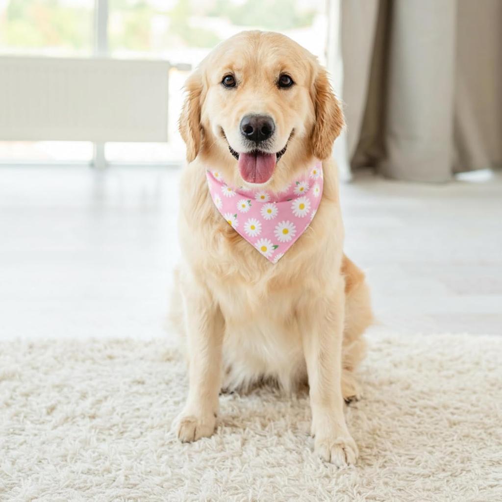 4Pcs Floral Dog Bandanas Girl Large Daisy Triangle Scarf Reversible Spring Bibs Handkerchief Cute Flower Bandanas for Large Dogs Pets