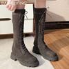 Зимние женские высокие сапоги из замши на среднем каблуке, модная обувь, на шнуровке, мотоциклетные сапоги, трендовые зимние сапоги до колена Botas De Mujer