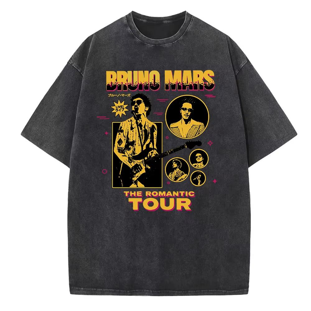 Bruno Mars The Romantic Tour Washed cotton printed Tshirt Men Women Hip Hop Short Sleeve Oversized summer male Tee Shirt