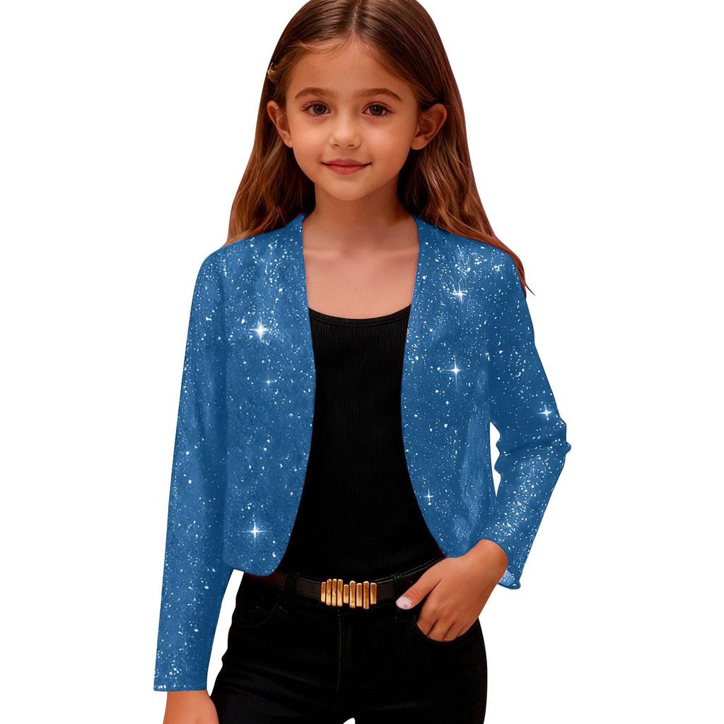 Girls' Fashionable Casual Long-Sleeved Sequinned Top With Cardigan- Short Jacket