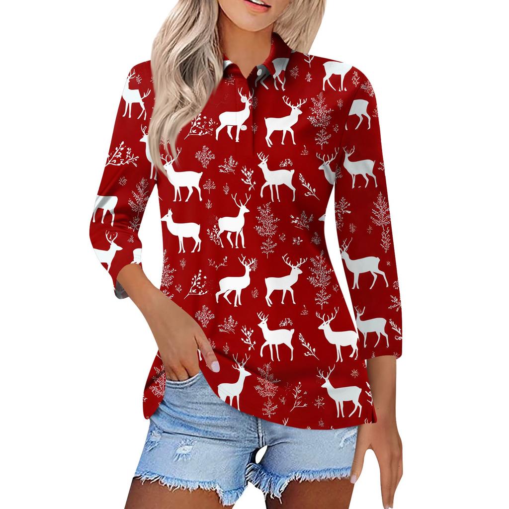 Women's Fashion Casual Lapel Short 3/4 Sleeve Christmas Print Shirt Women's Button Up Tops