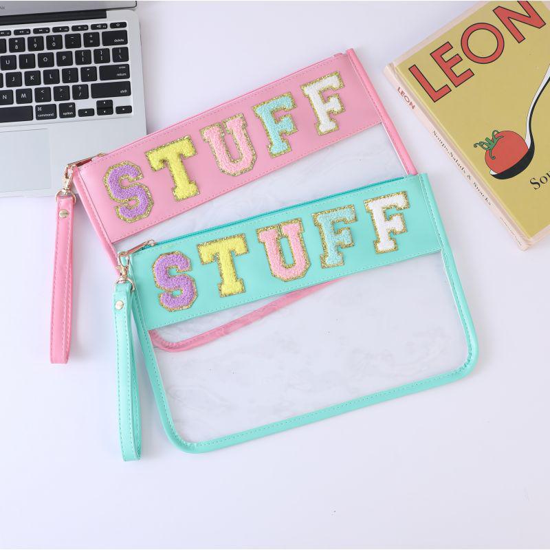 Waterproof PVC Makeup Bag with Embroidered Letter Patch - Large Capacity, Multi-functional for Toiletries & Coin Storage
