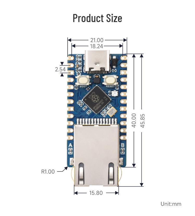 Плата разработки Raspberry Pi RP2350-ETH с Ethernet, 4 МБ TCP/UDP, датчиком температуры, часами