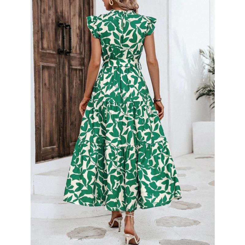 VEZFAA Женская мода лето весна цветочный узор принт короткий рукав полуводолазка высокая талия повседневные платья