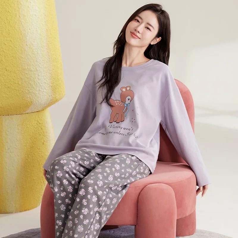 Милый комплект пижамы с котом для женщин, осень-зима, длинные рукава, длинные штаны, одежда для сна, мягкая пижама, уютная пижама, ночная рубашка Kawaii для девочек
