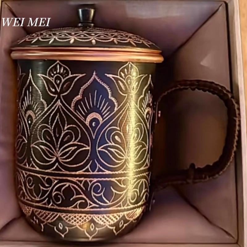 Кружка из чистой меди, случайный винтажный узор, с крышкой, пивная кружка, ручная работа, резка, уникальная цветочная текстура, арт-подарок, кофейная кружка, посуда