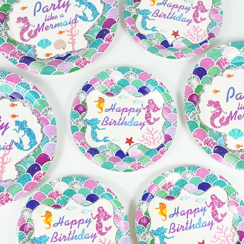 Набор одноразовой посуды для вечеринки в стиле русалки Бумажные тарелки и стаканчики на тему Русалочки для детей и девочек Украшения на день рождения Сувениры Принадлежности