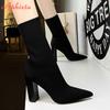 Fashion Aphixta Metal Color 7cm Square Heels Socks Boots Women Big Size 43 Stretch Fabric Elastic Pointed Toe Shoes Ankle Boot Woman