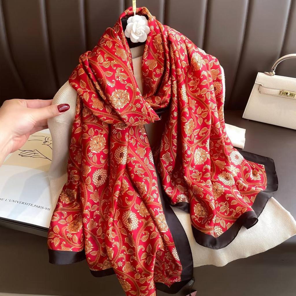 New Imitation Silk Scarf High-end Versatile Printed Scarf Fashionable and Elegant Celebrity Sun Protection Shawl