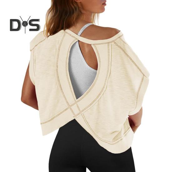 Женская беговая футболка с круглым вырезом и коротким рукавом, открытая спина, спортивный топ свободного кроя, однотонные повседневные топы для спортзала