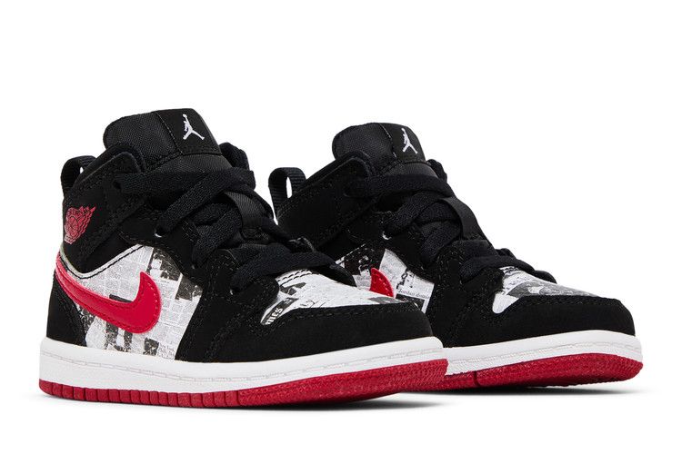 Детские кроссовки Nike Jordan 1 Mid Newspaper Air Times (ТД) Черный/Тренировочный Красно-Белый