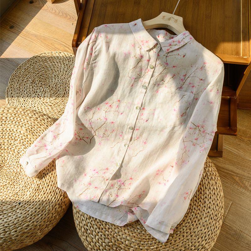 Fashionable Chinese Style Cotton and Linen Top Printed Shirt Retro Long Sleeve Floral Temperament Versatile Cardigan