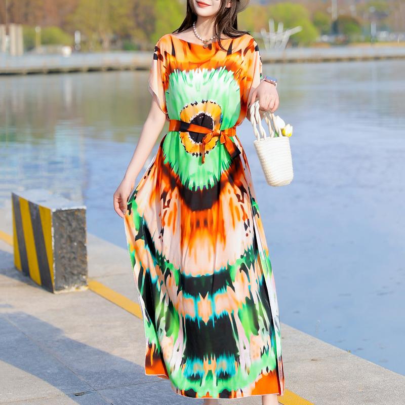 Элегантное летнее повседневное платье для женщин Винтажная одежда Короткий рукав Свободное длинное платье