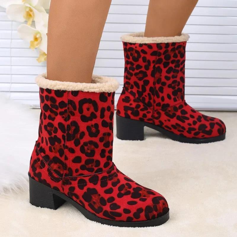 Fashion Hot Sale Ladies Leopard Print Shoes 2024 Winter New Slip-on Women's Boots Fashion Plus Size Turned-over Edge Mid-Calf Boots