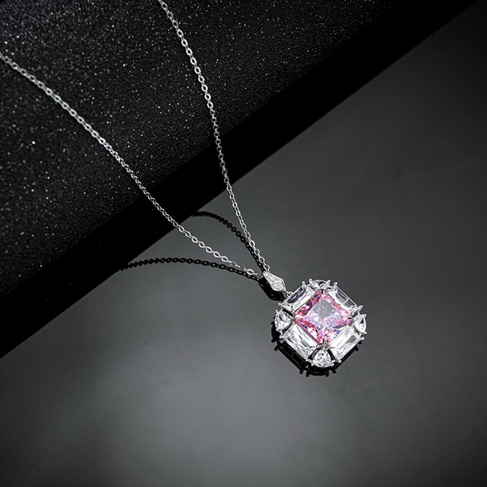 Real 925 Sterling Silver Crushed Ice Cut 12 *12mm Pink Sapphire Created Moissanite Diamond Pendant Necklaces For Women Gift
