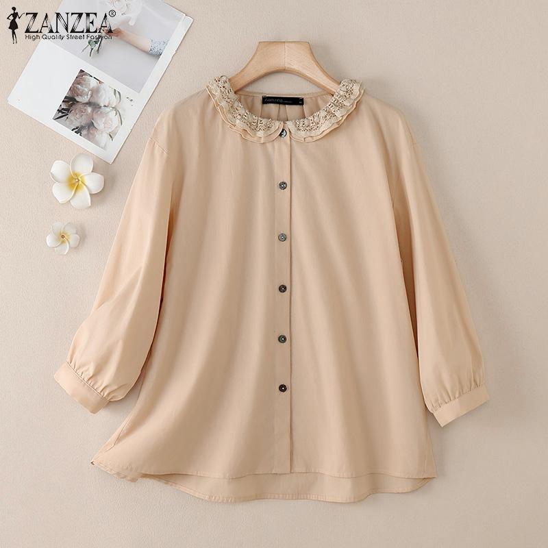 ZANZEA Womens Lace Splice Round Neck 3/4 Sleeve Loose Blouse