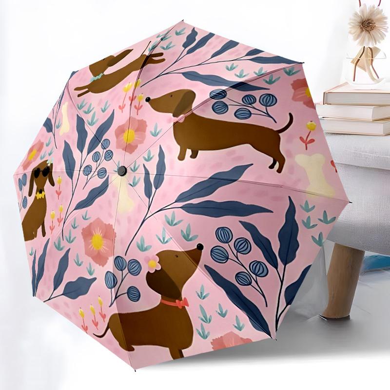 1pc Dachshund Floral Automatic Folding Umbrella - Compact 8-Rib Design, Durable Plastic & Iron, Lightweight for Outdoor Daily Use082