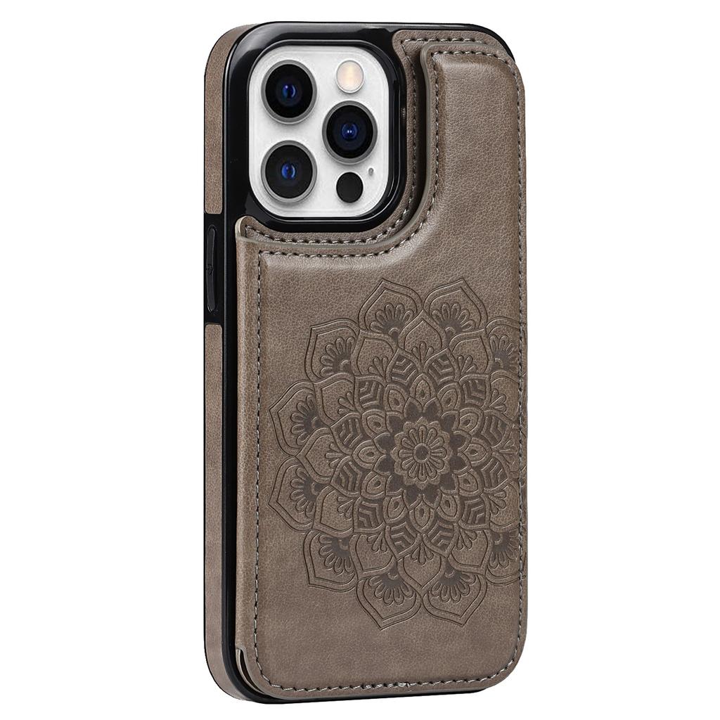 For iPhone 15 Pro Cell Phone Case Imprinted Mandala Flower PU Leather+TPU Anti-fall Cover