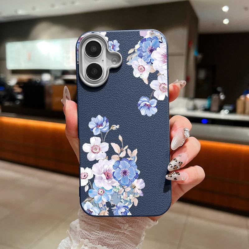 Кожаный текстурный мягкий чехол TPU для iPhone 16 15 14 Pro Max 14 Plus 13 12 Pro Max 11 синий цветочный узор противоударный чехол для телефона