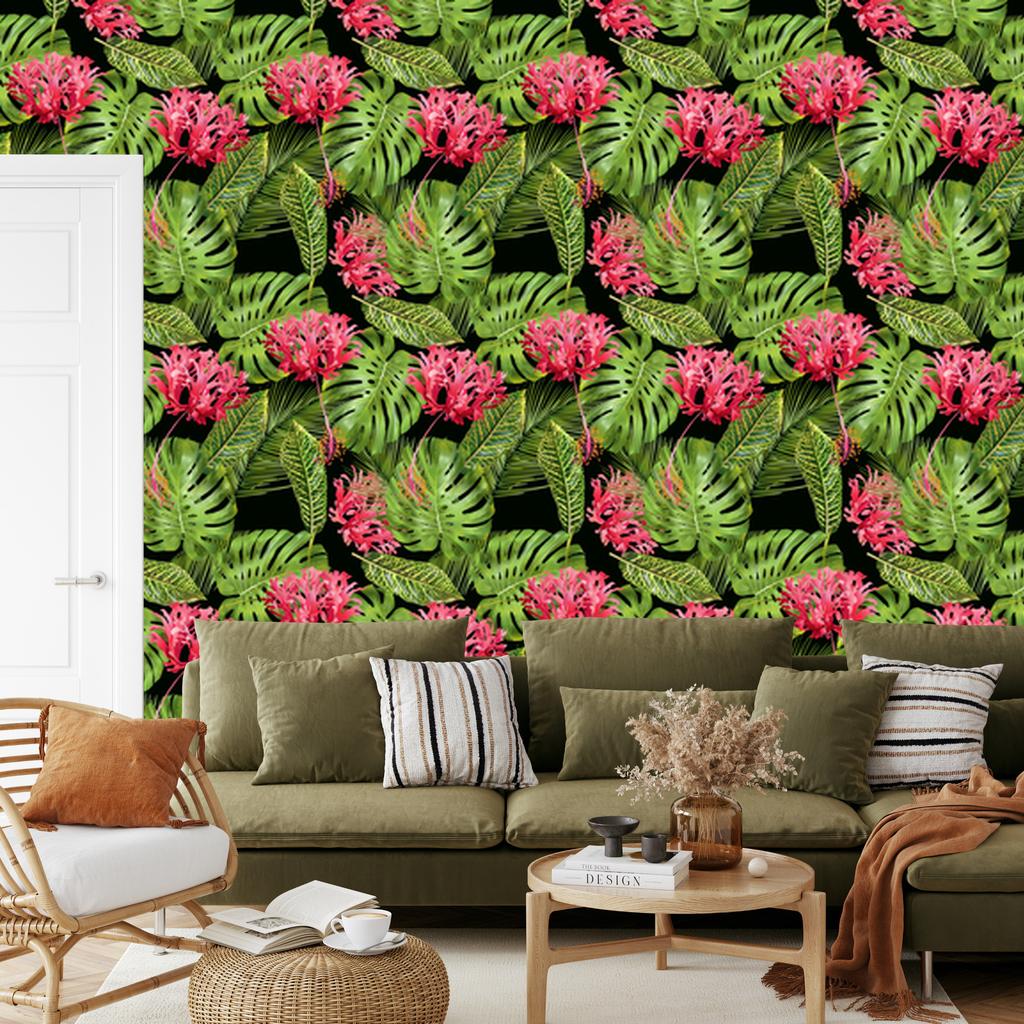 Tropical flowers with leaves wallpaper for living room and bedroom 50x1000