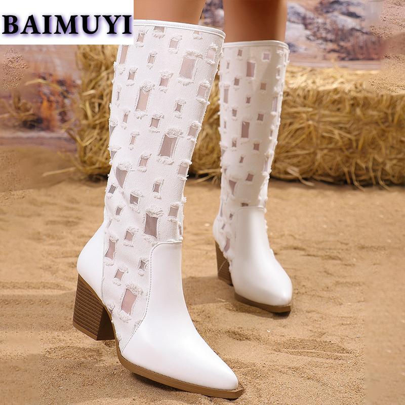 Сексуальные сапоги до колена, женские туфли с острым носком и высоким каблуком, тренд 2025 года, дизайнерские массивные ботинки челси, полые туфли-лодочки Mujer Botas