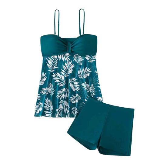 2Pcs/Set Tankini Set Adjustable Straps Padding Underwire Bandeau Tops Boxer Briefs Set Mesh