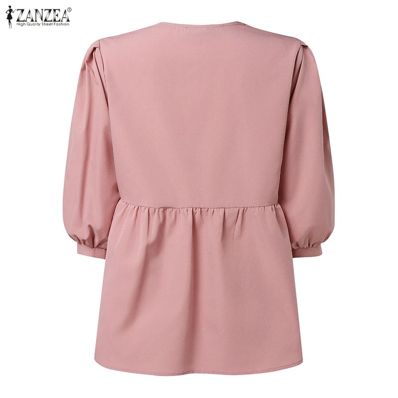 ZANZEA Женская повседневная однотонная блузка с v-образным вырезом и рукавами 3/4