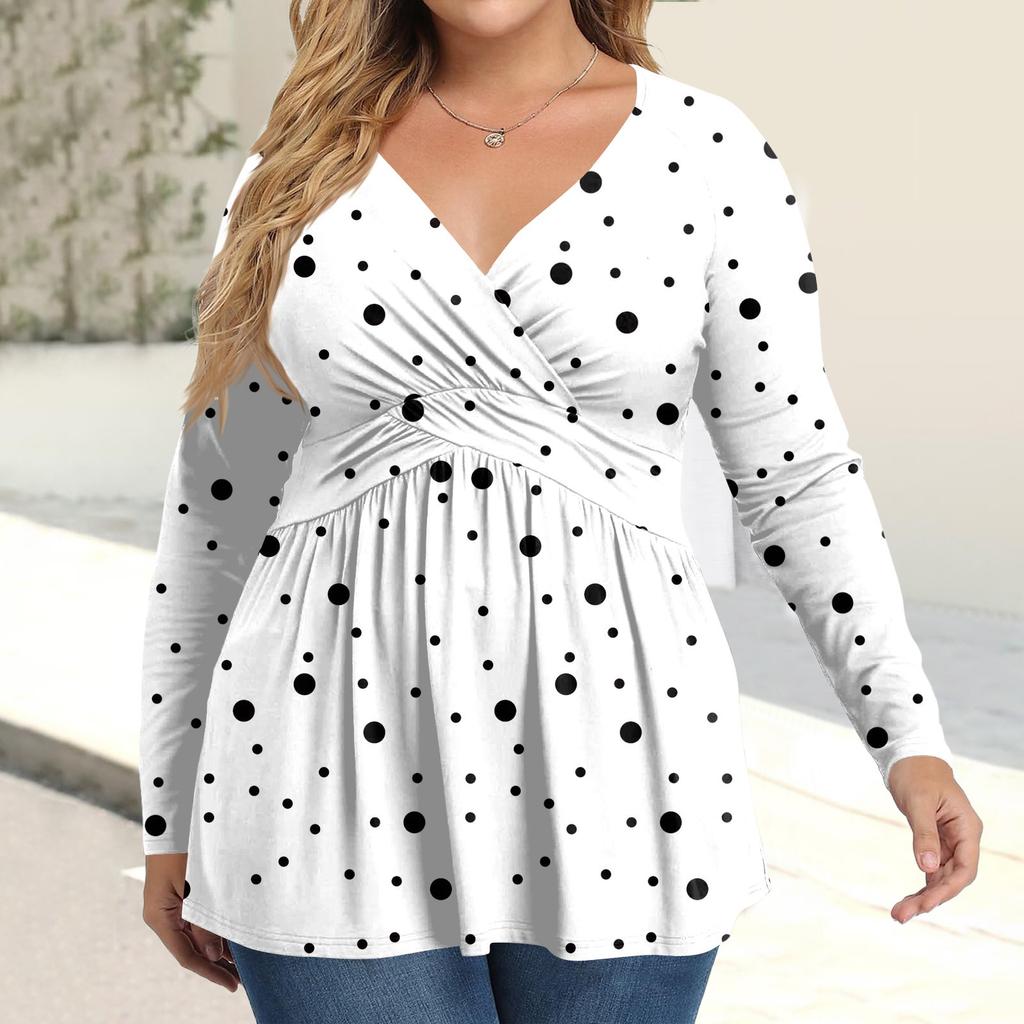 Женская рубашка большого размера с длинным рукавом, принт, плиссированный повседневный топ с V-образным вырезом