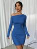 2025 European and American fashion and sexy pleated slim-fitting long-sleeved hip-wrapped diagonal neck solid color dress women's clothing