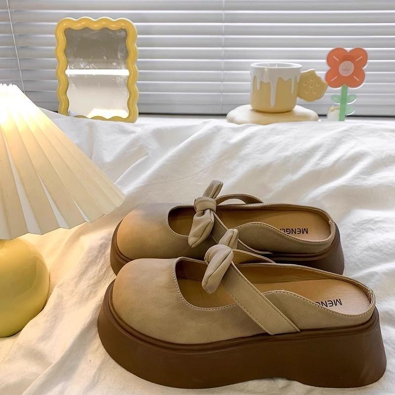 Толстые тапочки-полушапки с бантом на голове, женская верхняя одежда, весна-лето 2025 г., французские сандалии Мэри Джейн с одной педалью