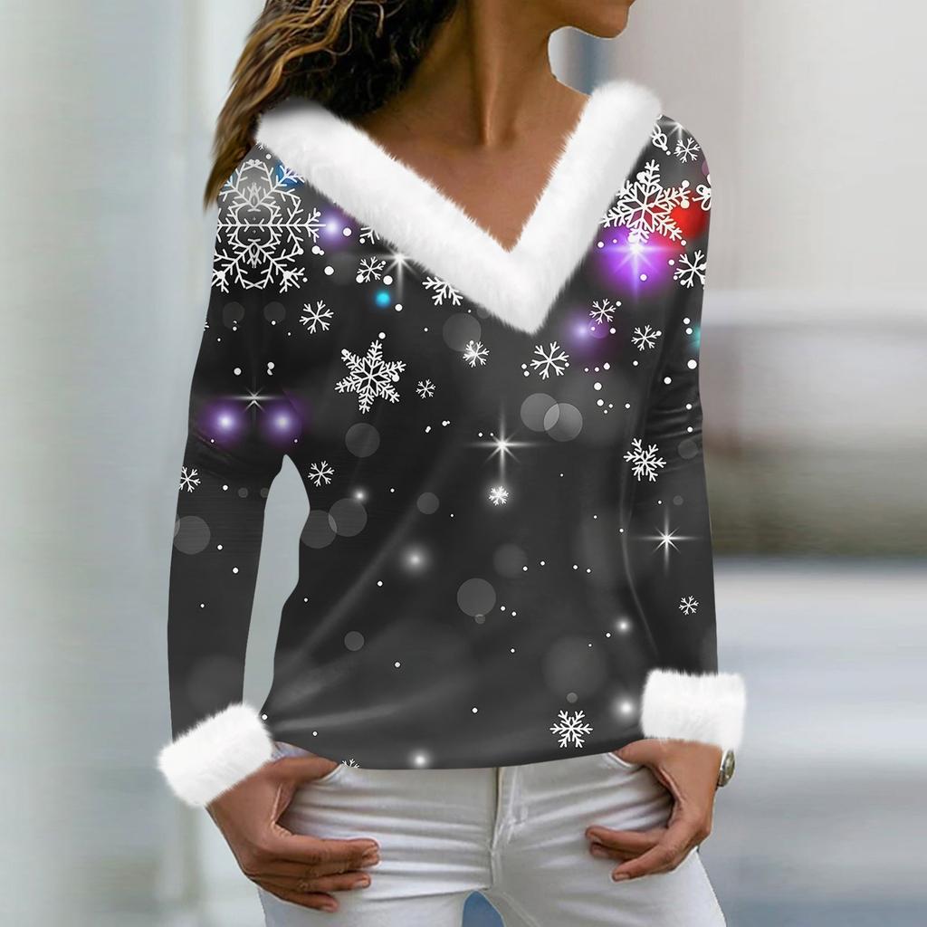 Women's Fashion Casual Long Sleeve V-Neck Christmas Printed Plush Top