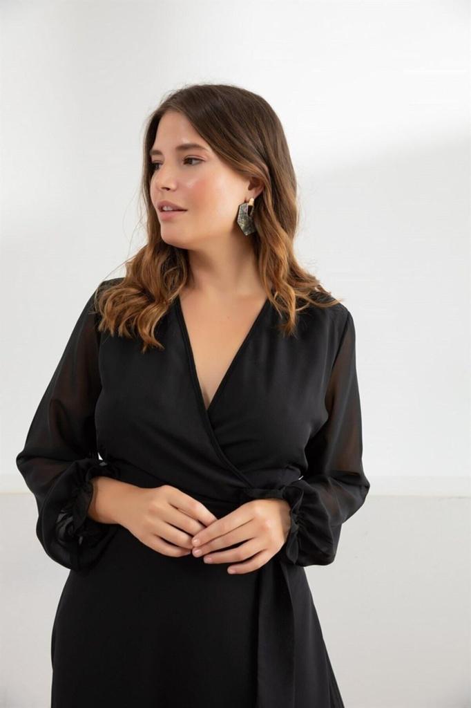 Женское платье большого размера, черное двубортное шифоновое платье с воротником большого размера на подкладке