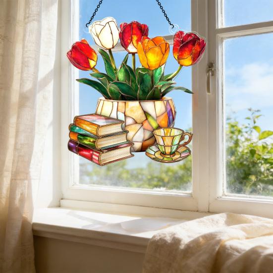 Тюльпан и Книга Ловец Солнца Акриловый Цветок Ловец Солнца Настенное Украшение на Окно для Дома Гостиной Спальни Уличный Декор