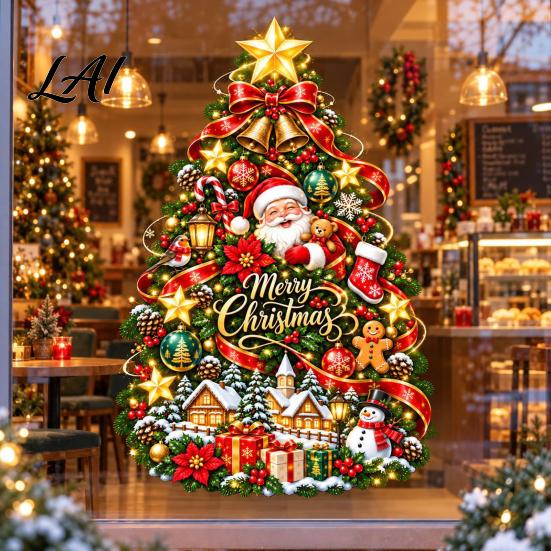 Holiday Window Stickers Christmas Tree Clings with Santa Claus Snowman Gingerbread Man and House Static Glass Art for Home Decorations Double Sided
