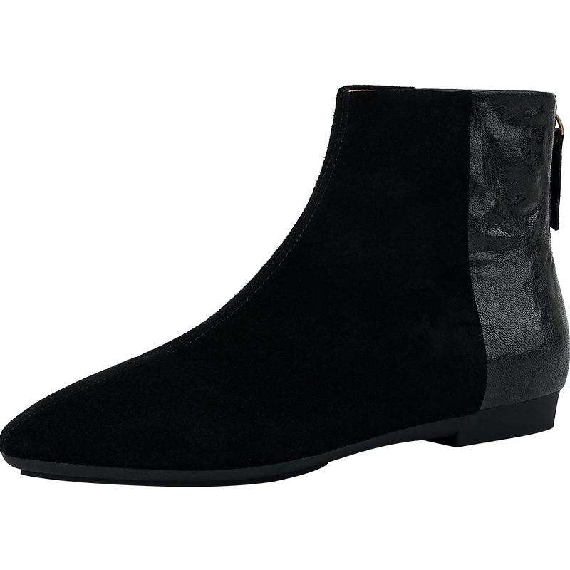 Мода 2025 НОВЫЕ Осенние Ботильоны Кожа Кид Замша Женская Обувь Острый Носок Молния Современные Ботинки Низкий Каблук Ботинки Челси