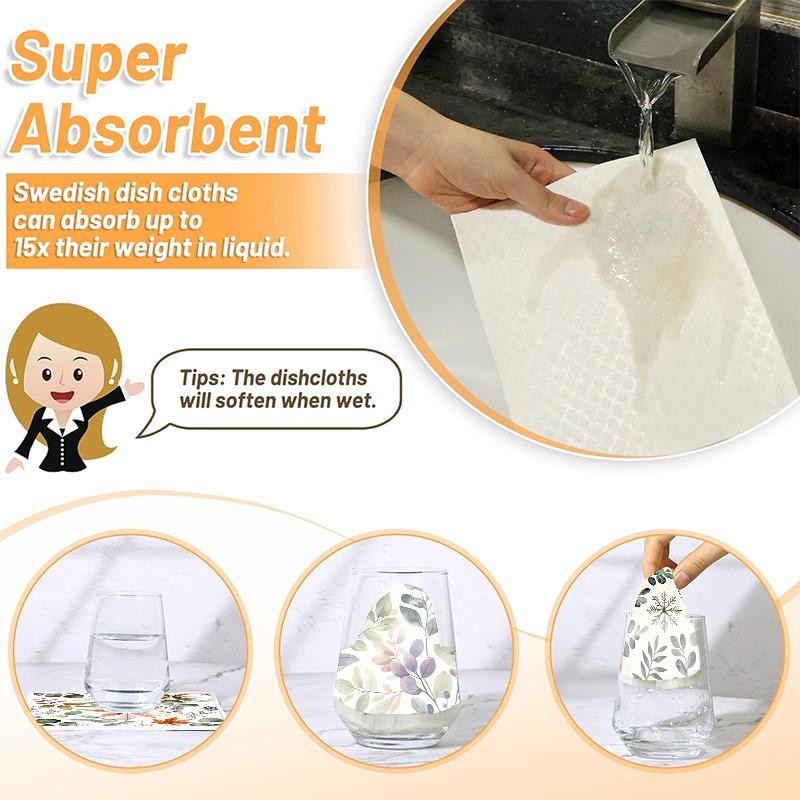 6 шт. Салфетки для мытья посуды в шведском стиле с принтом листьев и цветов, Экологичные кухонные тряпки, Абсорбирующие кухонные полотенца, Многоразовые, Моющиеся чистящие салфетки