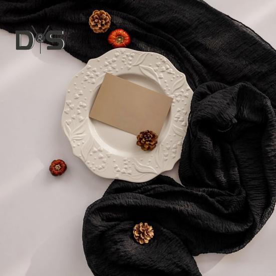 Дорожка для стола на свадьбу, марлевая, в стиле Хэллоуина, плиссированная, чистого черного цвета, устойчивая к пятнам, многоразовая, для защиты стола, украшения, для банкета, выпускного вечера