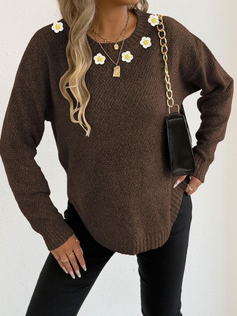 New Autumn and Winter Pullover Tops for Women, Hand-hooked Flower Patchwork Round Neck Comfortable and Casual Sweater
