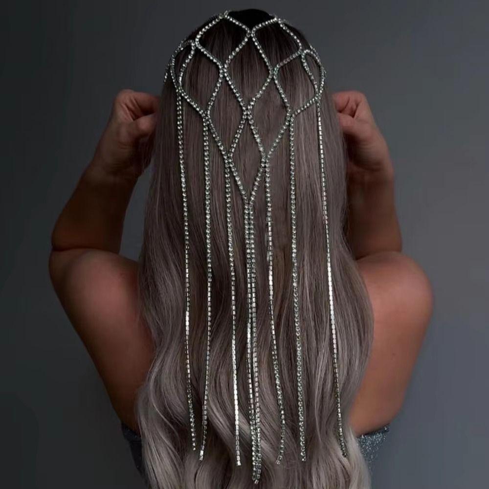 Сетчатая повязка на голову, инкрустированная стразами, длинная цепочка, свадебное украшение для головы, головной убор с кисточками, аксессуары для повязки на голову