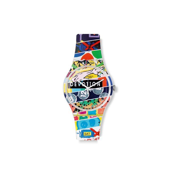 Swatch Часы Club Series с кварцевым механизмом, пэчворк, лимитированная серия, 41 мм, цветной циферблат, пластиковый корпус, пластиковый ремешок, женские часы SUOZ170