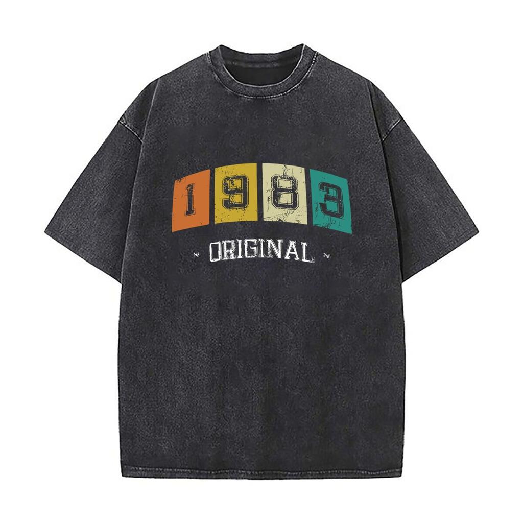 Vintage Born In Birth Year Heavy Men Washed Casual Cotton Short Sleeve Acid Wash Top
