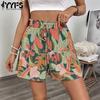 Women's Fashion Casual Flower Pattern Print High Waist Sport Shorts