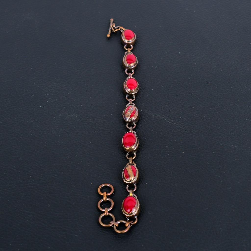 Red Coral Handmade Gemstone Bracelet, Copper Electroformed Bracelet Antique Jewelry, For Engagement Gift