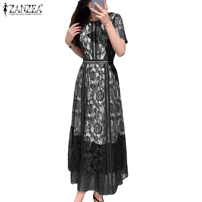 ZANZEA Women Casual Round Neck Short Sleeve Summer Lace Patchwork Dress