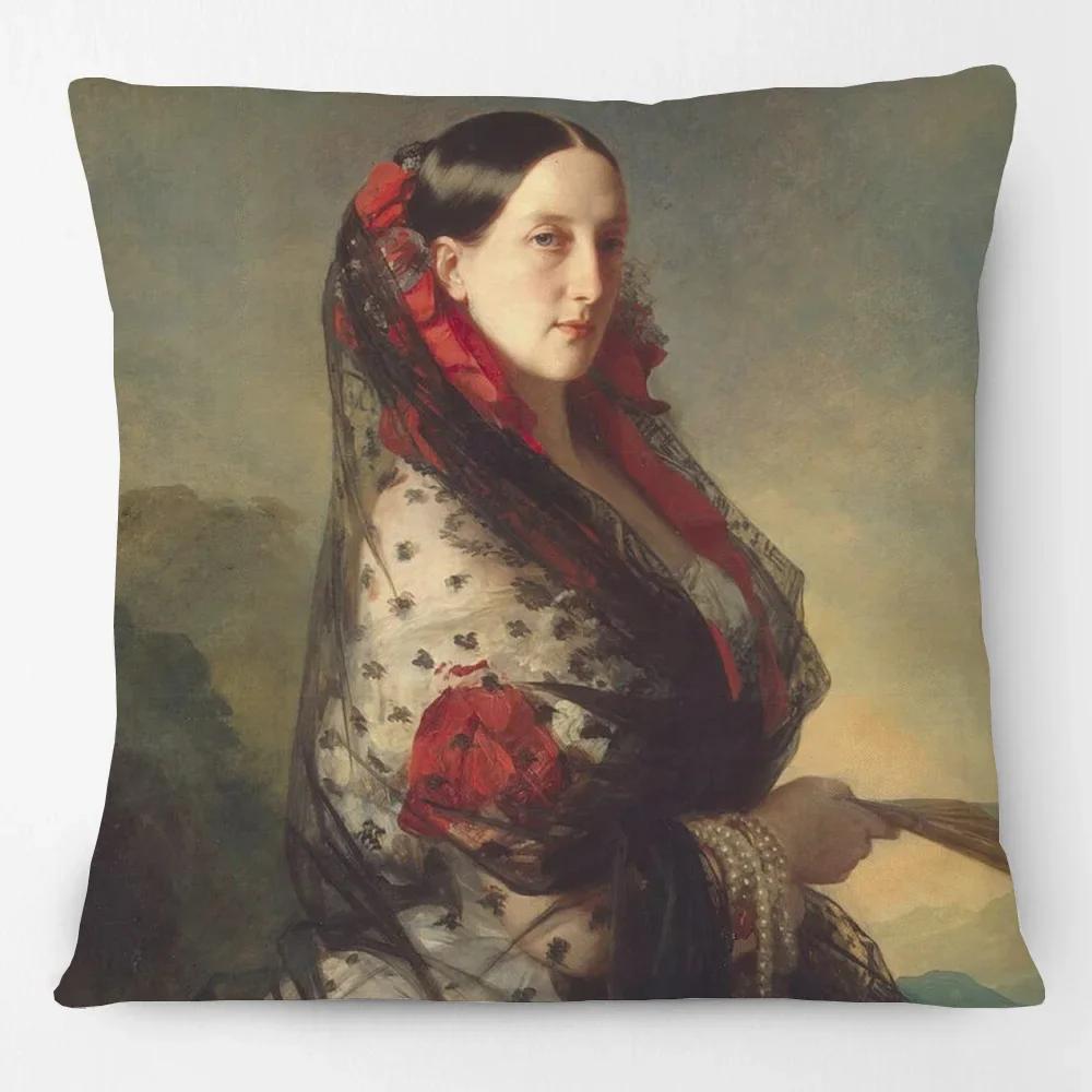 Oil Painting Queen Victoria Cushion Covers European Vintage Style Woman Lady Duchess In Court Dress Art Pillow Case